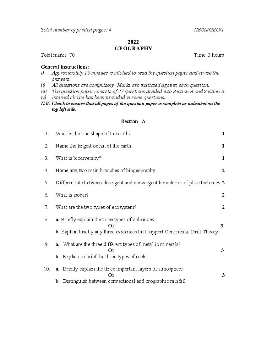 NBSE Class 11 Question Paper 2022 Geography - Page 1