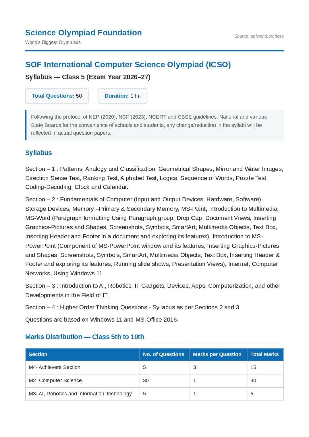 SOF ICSO Syllabus 2027 Class 5 - Page 1 of 2