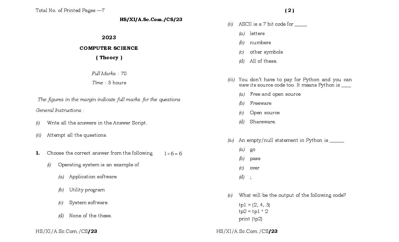 MBOSE Class 11 Question Paper 2023 for Computer Science - Page 1