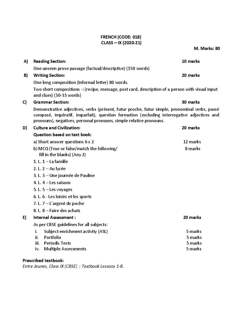 CBSE Class 9 French Syllabus 2020-21 - Page 1