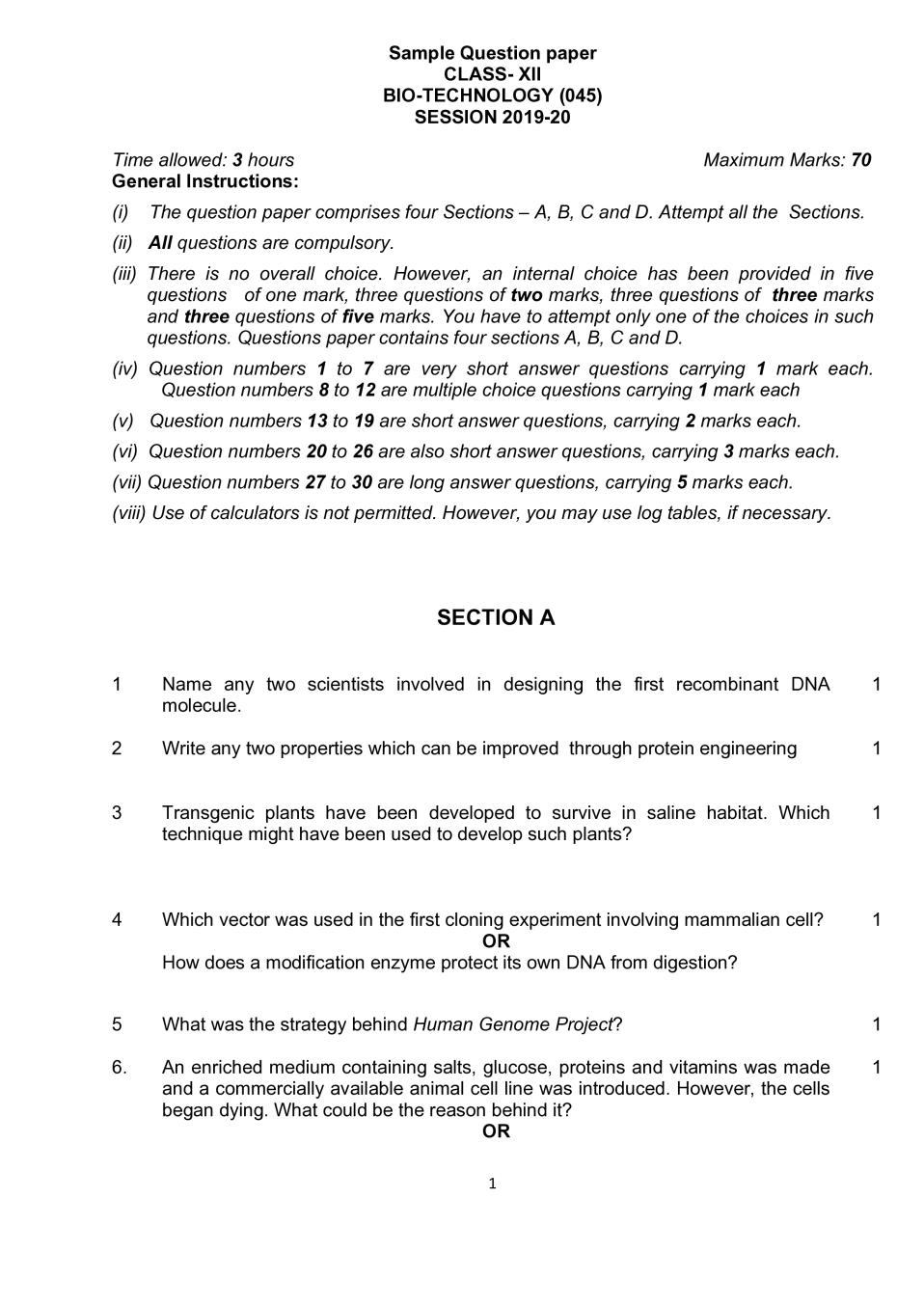 CBSE Class 12 Sample Paper 2020 for Biotechnology - Page 1