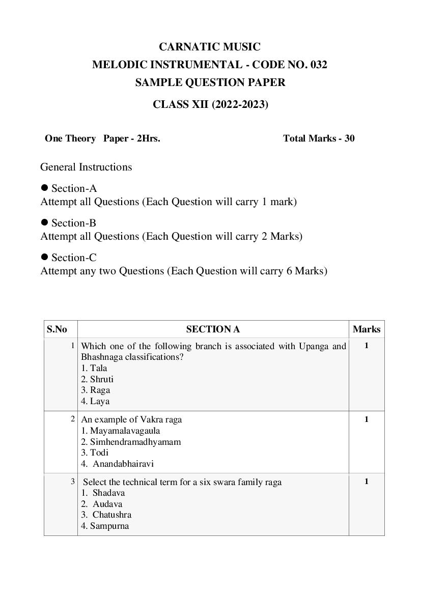CBSE Class 12 Sample Paper 2023 Carnatic Music Melodic Instrument - Page 1
