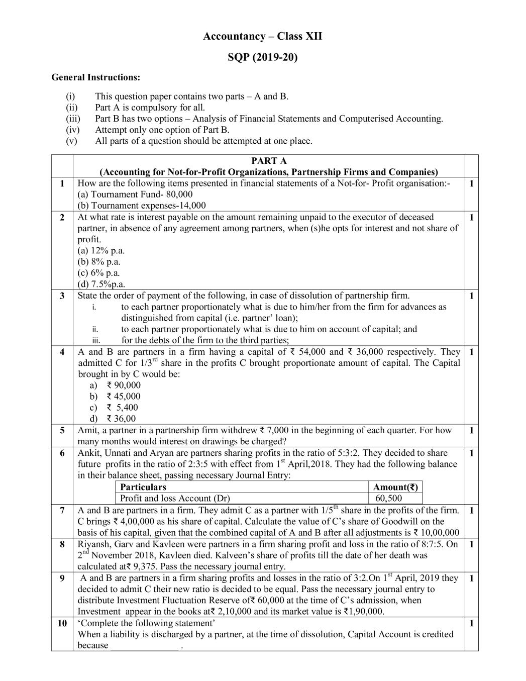 CBSE Class 12 Sample Paper 2020 for Accountancy - Page 1