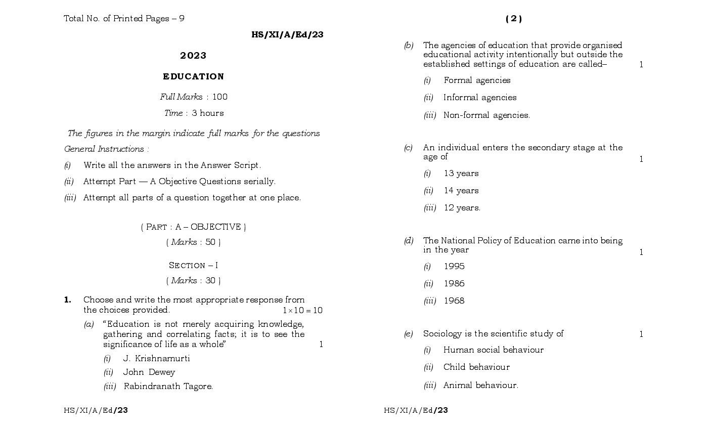 MBOSE Class 11 Question Paper 2023 for Education - Page 1