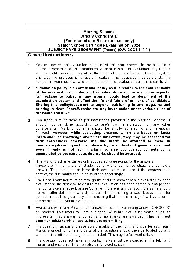 CBSE Class 12 Question Paper 2024 Solution Geography - Page 1