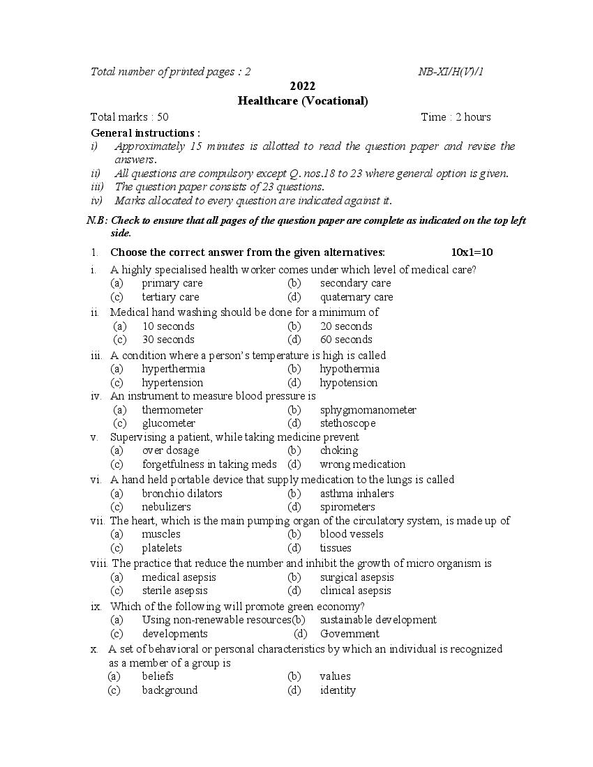 NBSE Class 11 Question Paper 2022 Healthcare - Page 1