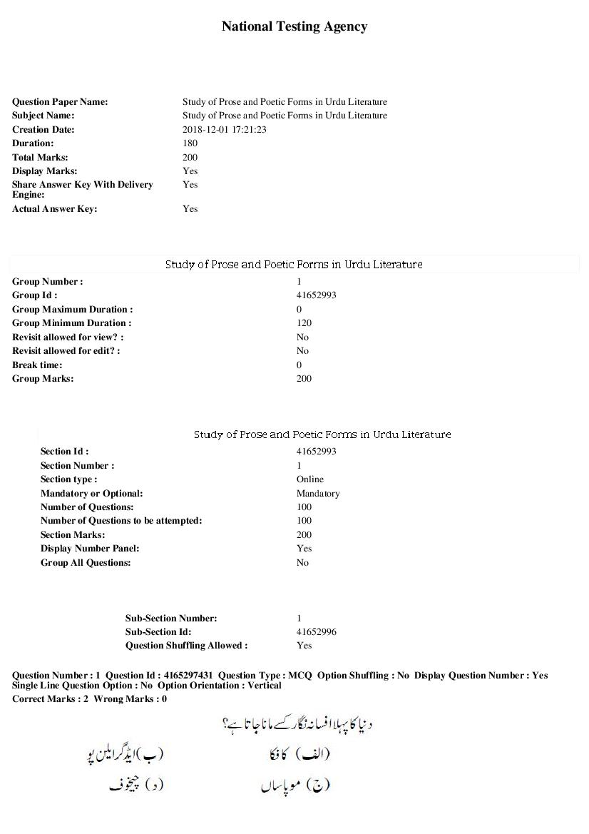 SWAYAM 2018 Question Paper Study of Prose and Poetic Forms in Urdu Literature - Page 1