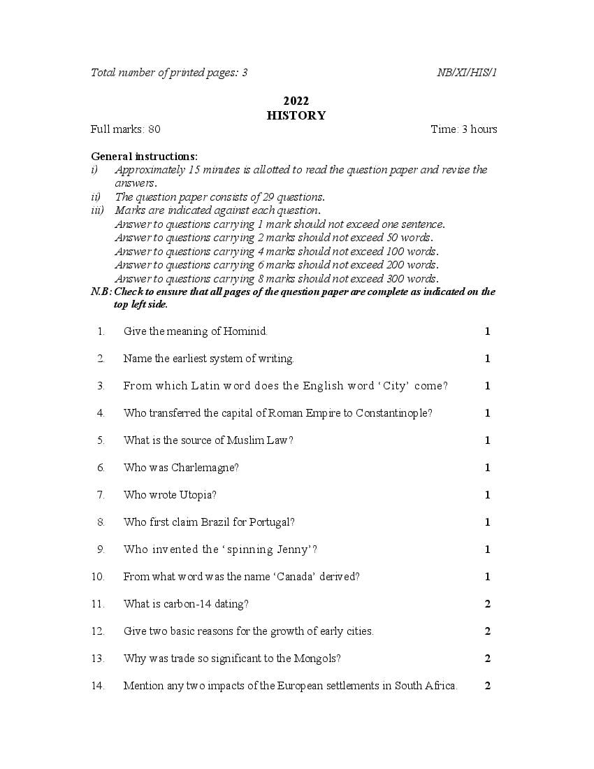 NBSE Class 11 Question Paper 2022 History - Page 1