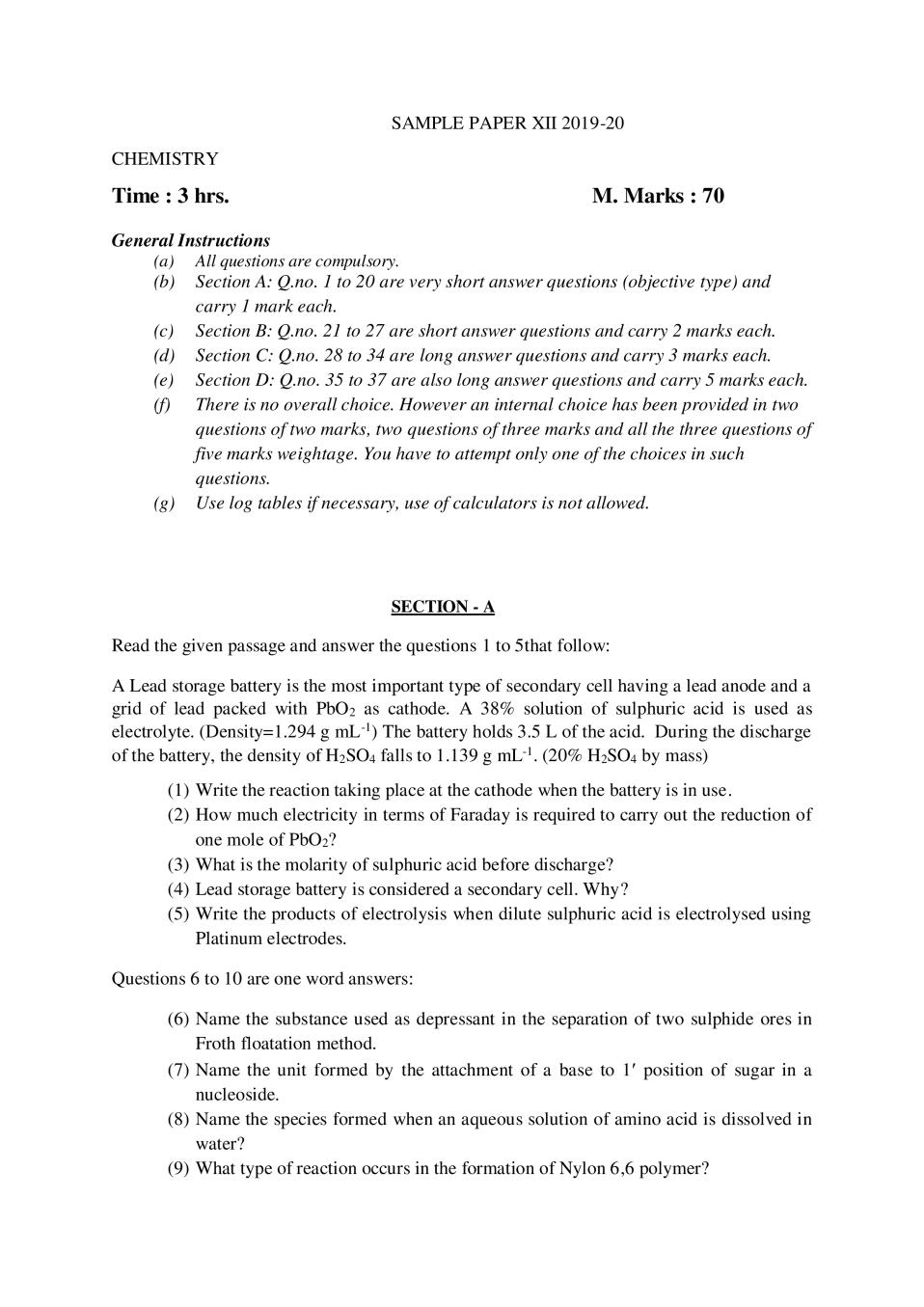 CBSE Class 12 Sample Paper 2020 for Chemistry - Page 1