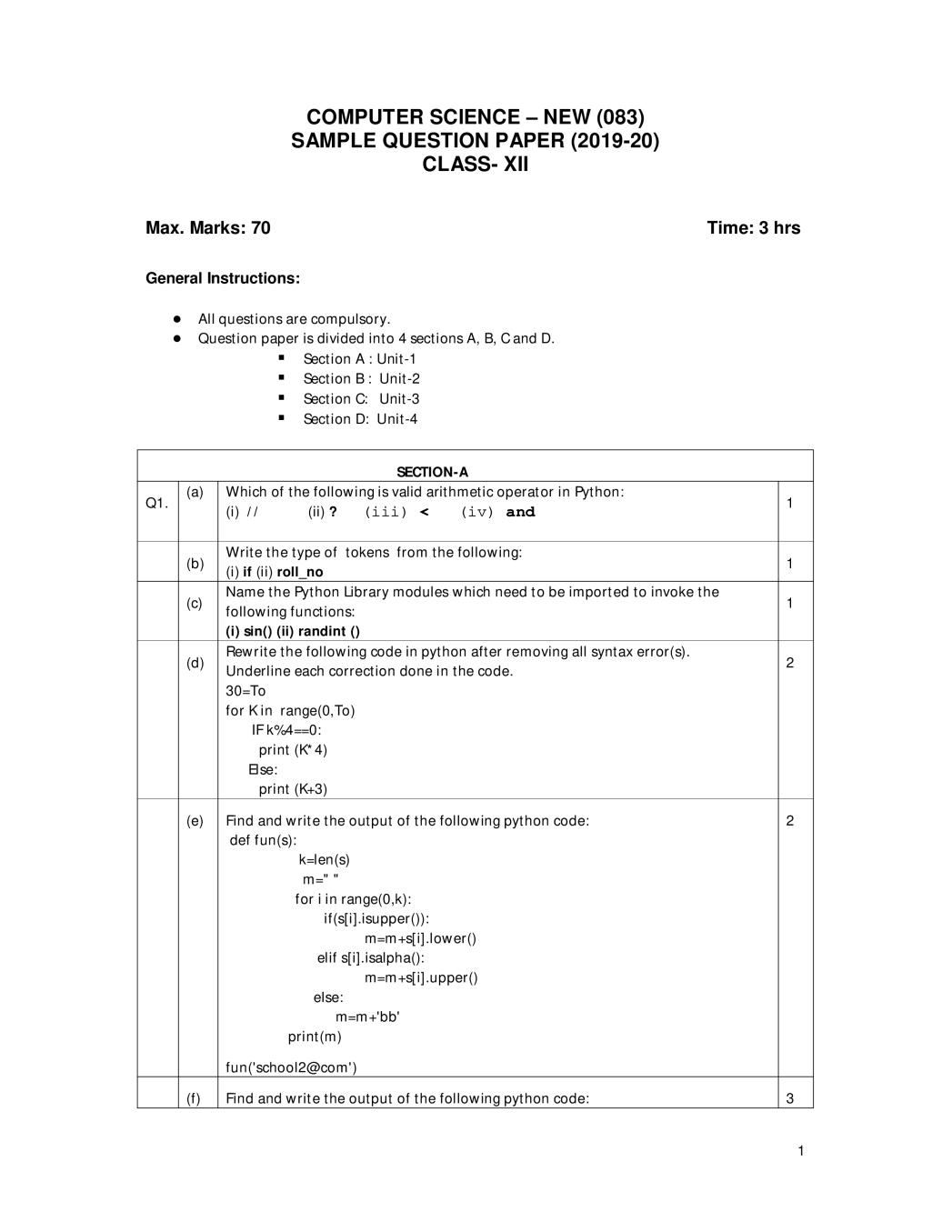 CBSE Class 12 Sample Paper 2020 for Computer Science New - Page 1