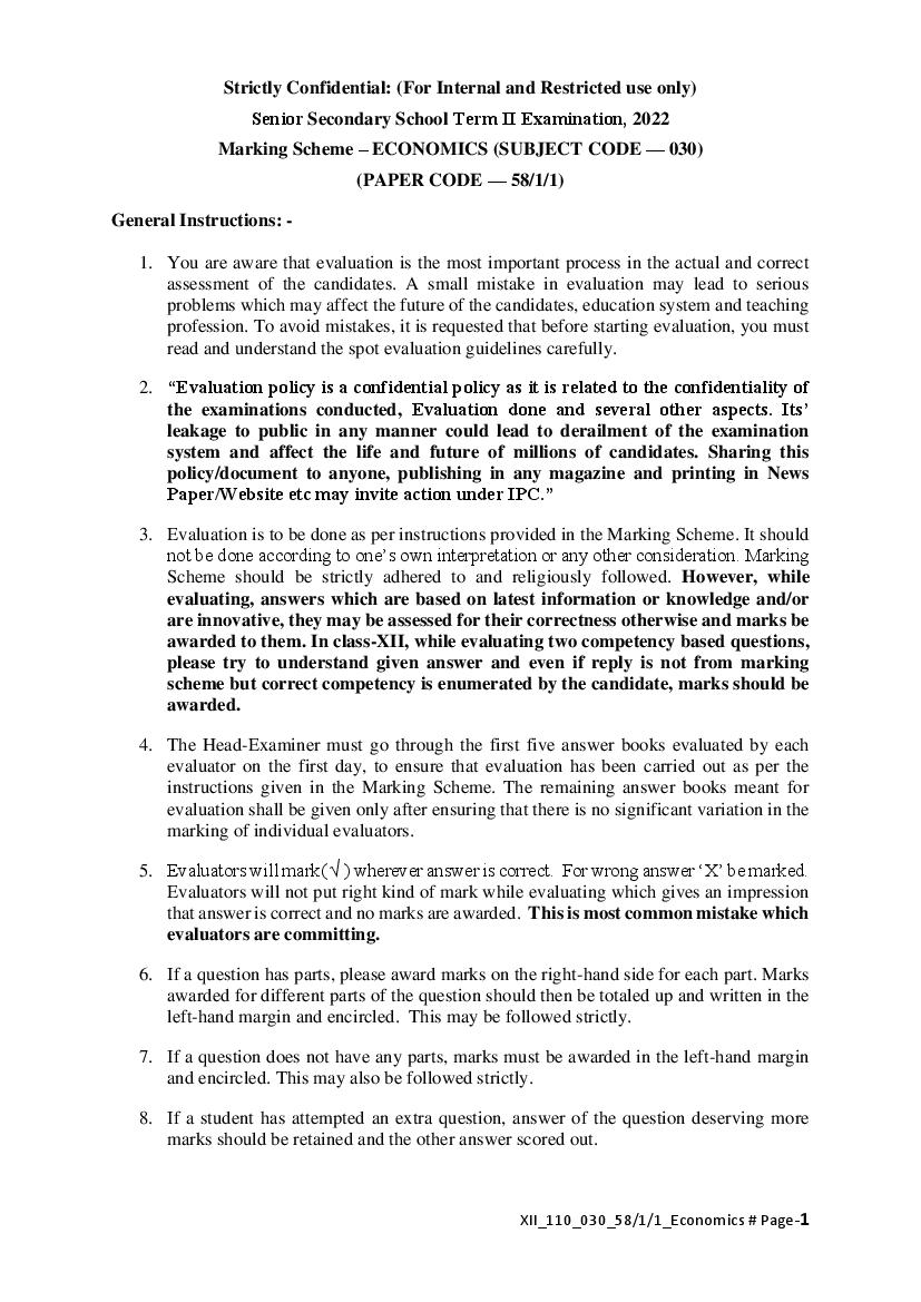 CBSE Class 12 Question Paper 2022 Solution Economics - Page 1