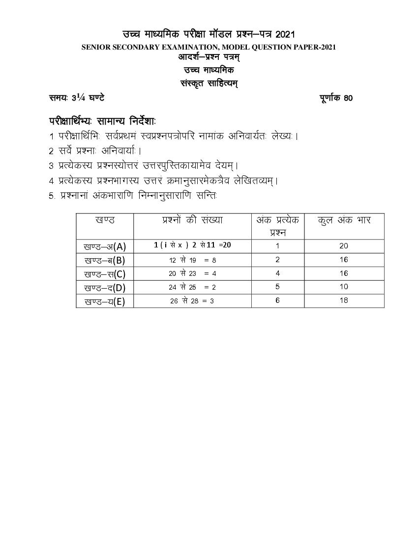 Rajasthan Board 12th Sanskrit Sample Paper 2021 - Page 1