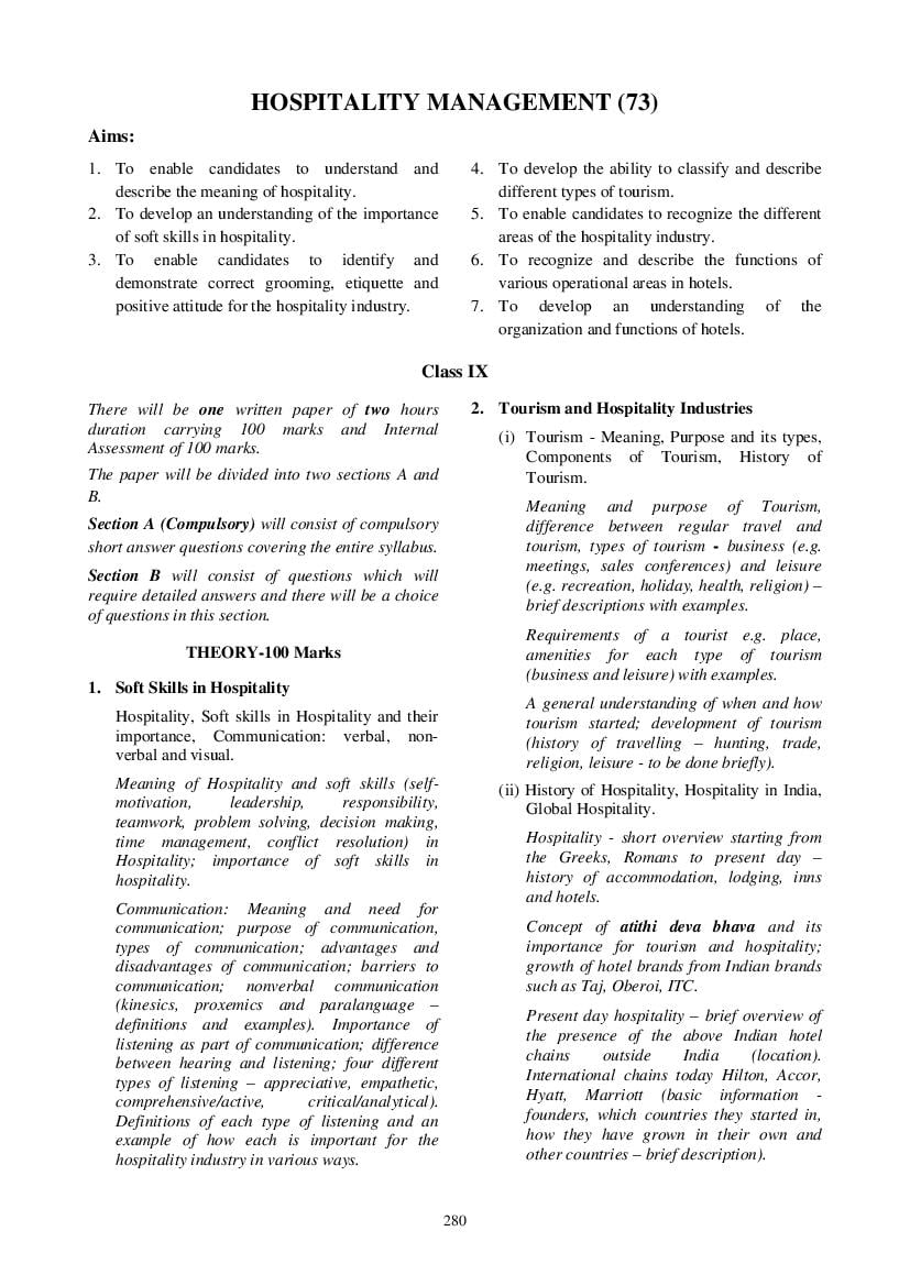 ICSE Class 10 Syllabus 2022 Hospitality Management - Page 1
