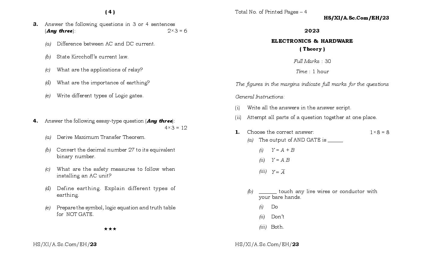 MBOSE Class 11 Question Paper 2023 for Electronic & Hardware - Page 1