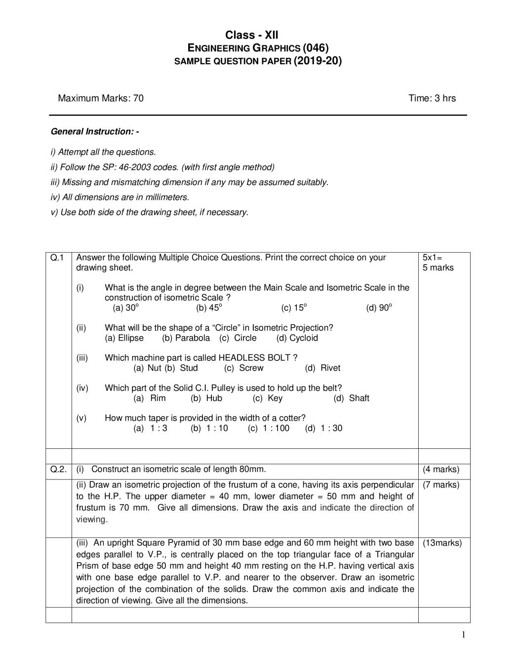 CBSE Class 12 Sample Paper 2020 for Engineering Graphics - Page 1