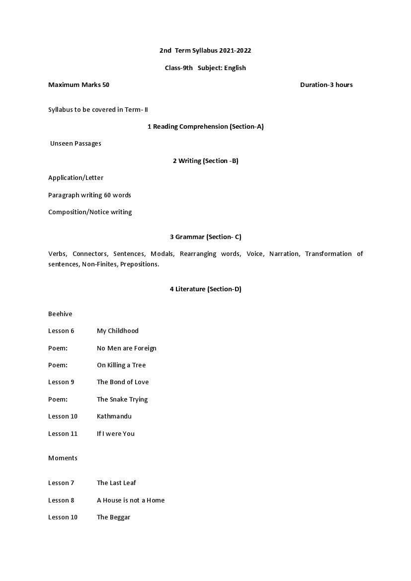 HP Board Class 9 Syllabus 2022 English - Page 1