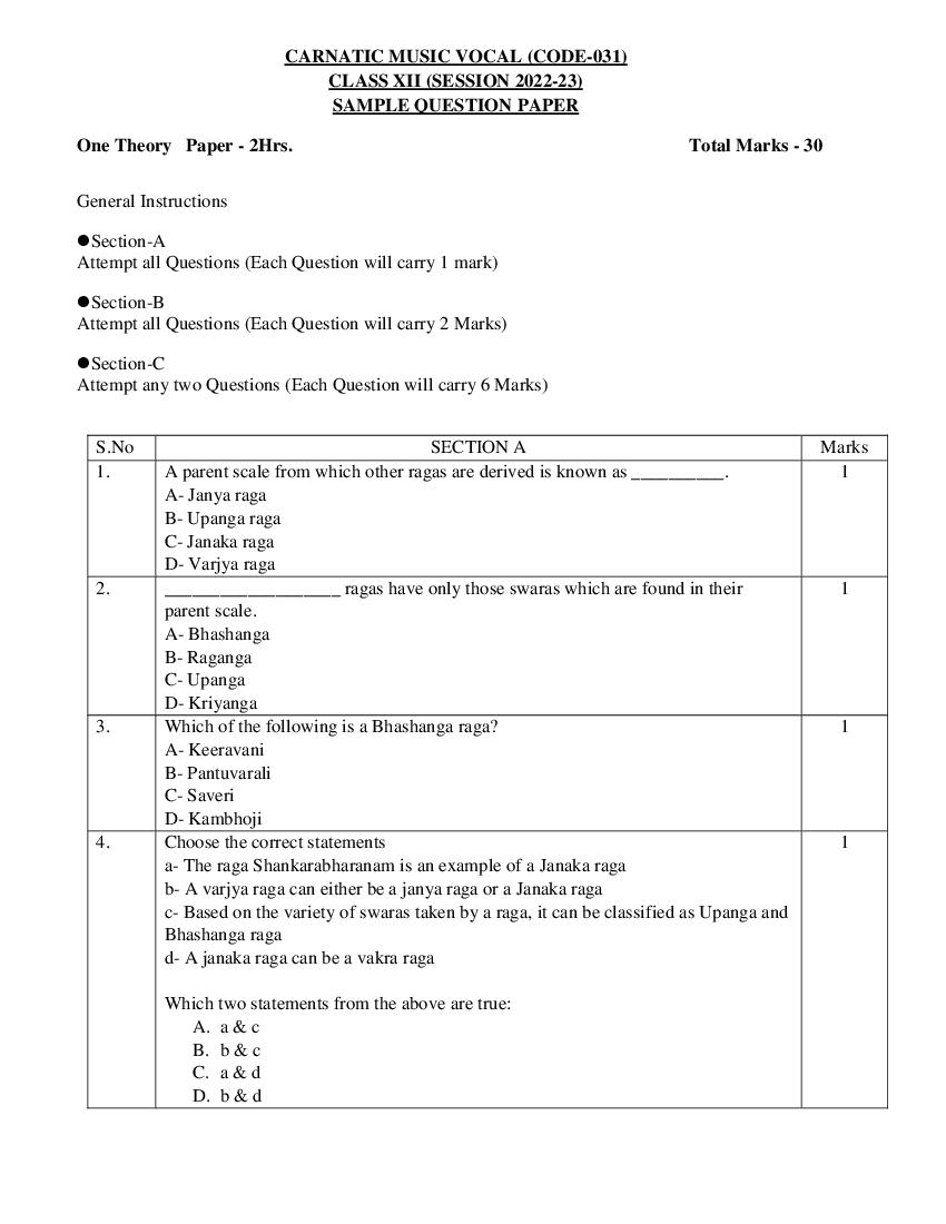 CBSE Class 12 Sample Paper 2023 Carnatic Music Vocal - Page 1