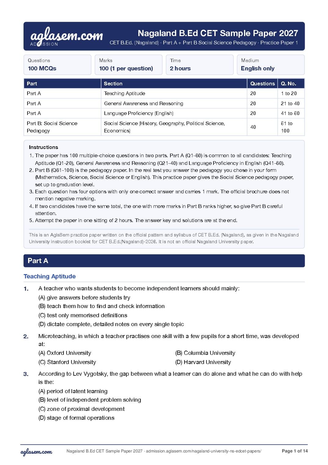 Nagaland B.Ed CET 2027 Sample Paper Social Science - Page 1 of 14