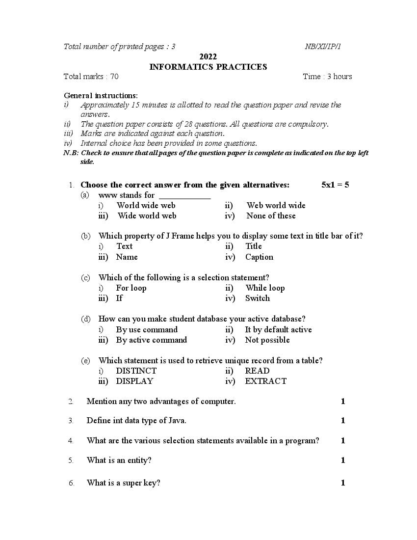 NBSE Class 11 Question Paper 2022 Informatics Practices - Page 1