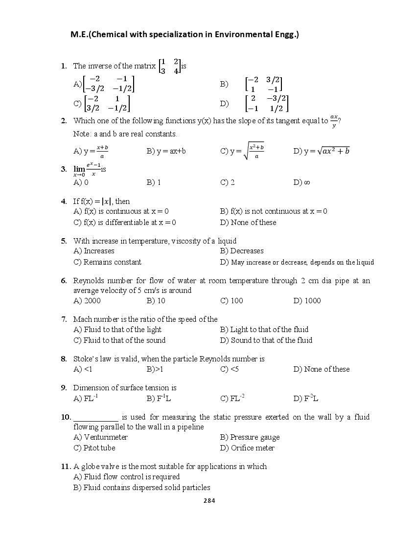 PU CET PG 2018 Question Paper M.E._Chemical with specialization in Environmental Engg._ - Page 1