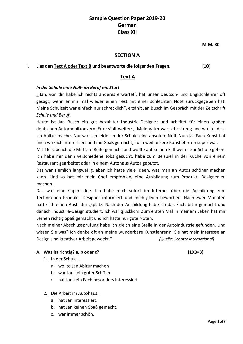 CBSE Class 12 Sample Paper 2020 for German - Page 1