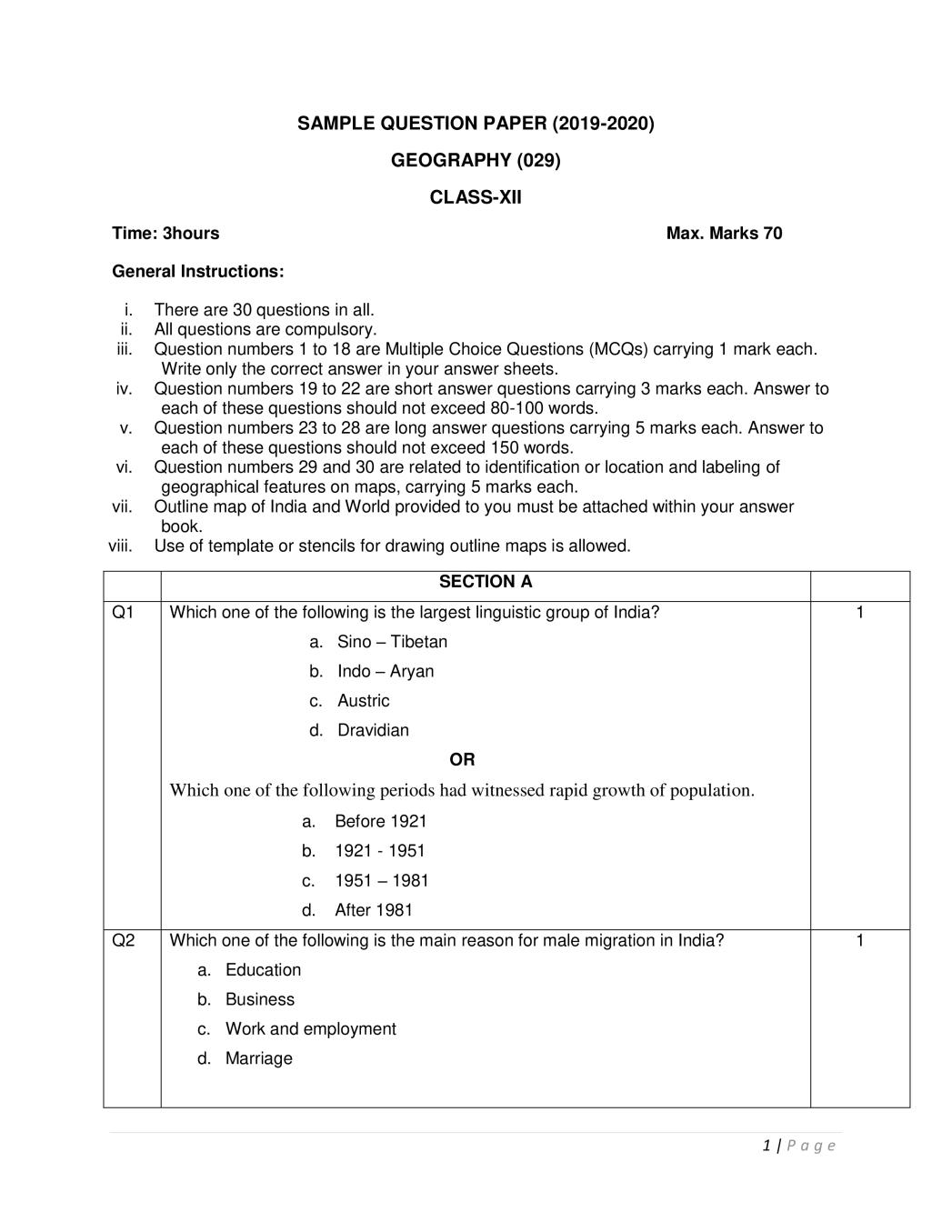CBSE Class 12 Sample Paper 2020 for Geography - Page 1