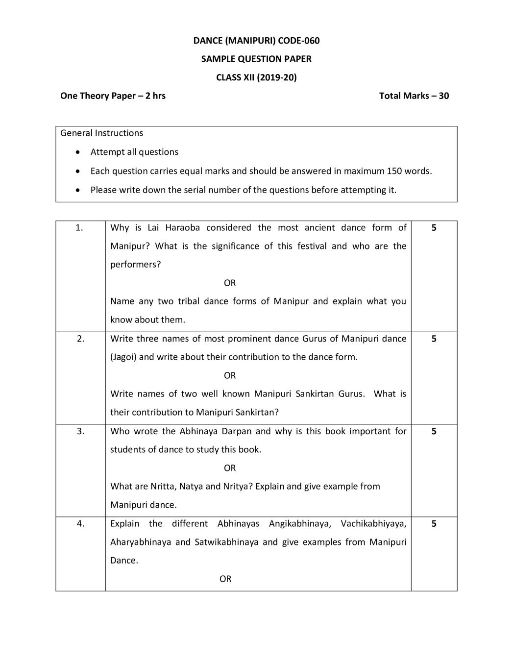 CBSE Class 12 Sample Paper 2020 for Dance Manipuri - Page 1