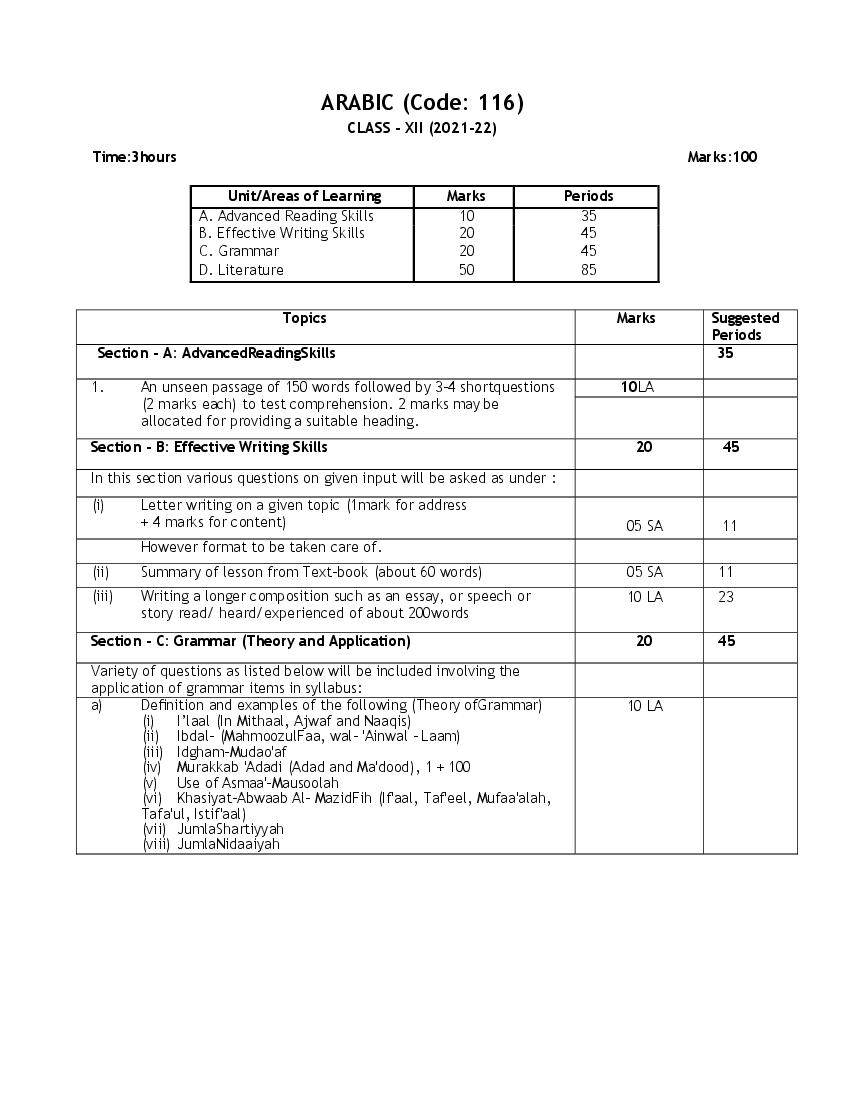 CBSE Class 12  Arabic Syllabus 2021-22 - Page 1 of 2