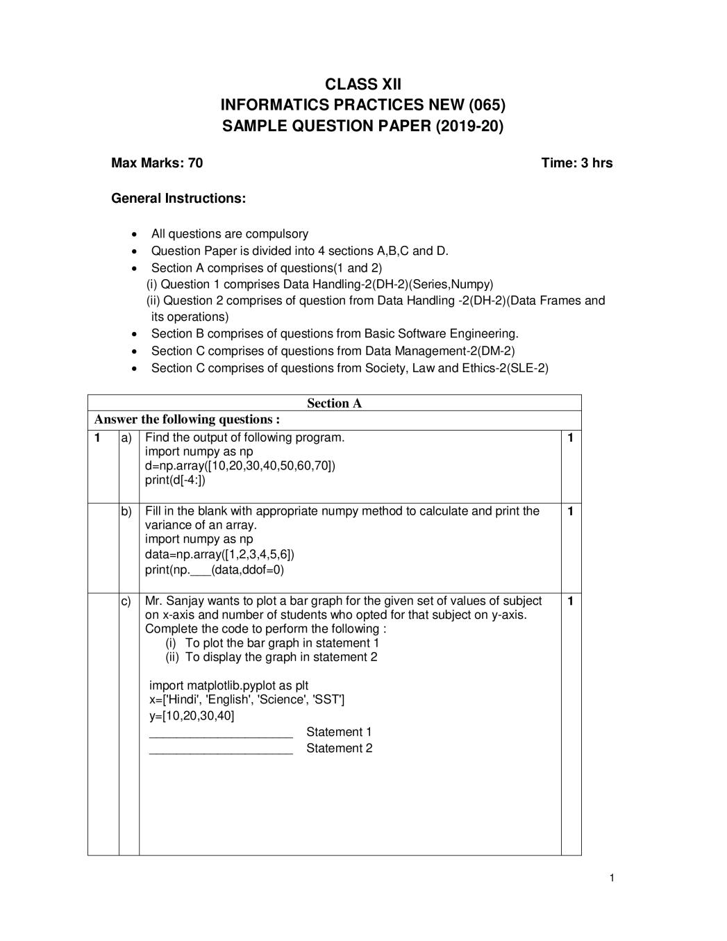 CBSE Class 12 Sample Paper 2020 for Informatics Practices New - Page 1