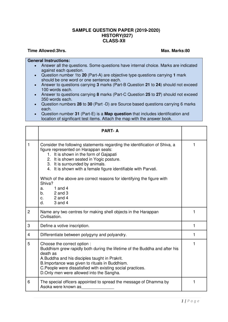 CBSE Class 12 Sample Paper 2020 for History - Page 1