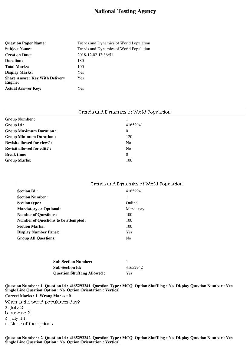 SWAYAM 2018 Question Paper Trends and Dynamics of World Population - Page 1