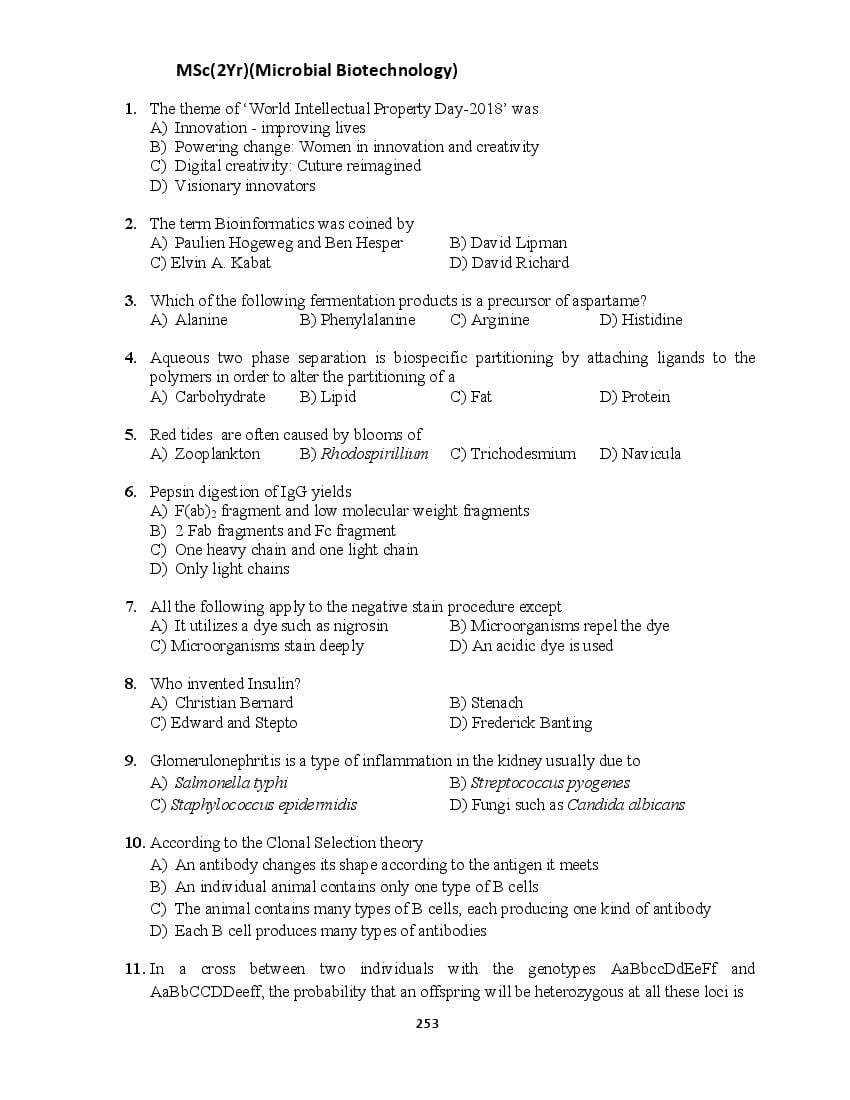 PU CET PG 2018 Question Paper MSc_2Yr__Microbial Biotechnology_ - Page 1