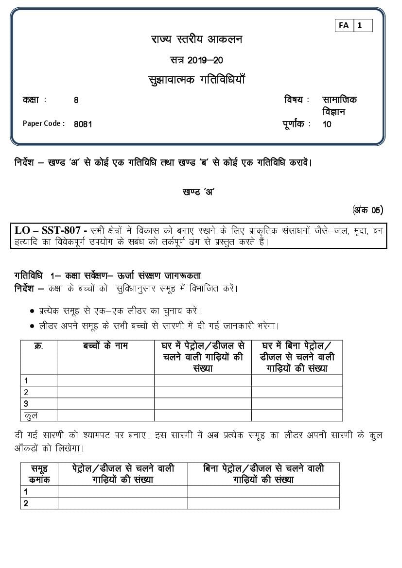 CG Board Class 8 Question Paper 2020 Social Science (FA1) - Page 1