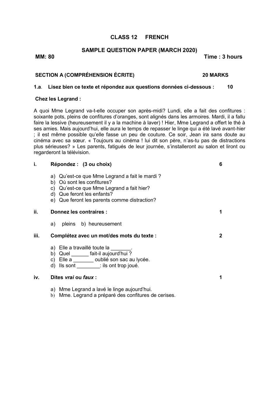 CBSE Class 12 Sample Paper 2020 for French - Page 1
