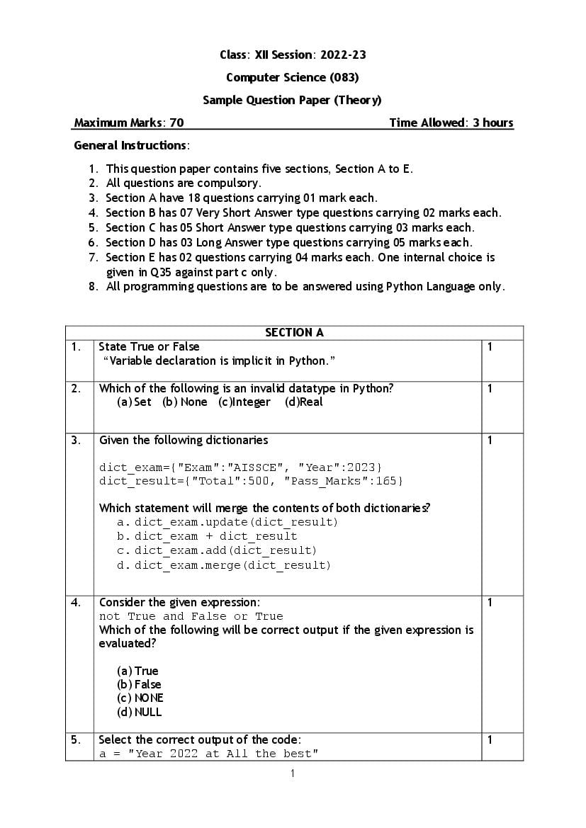CBSE Class 12 Sample Paper 2023 Computer Science - Page 1