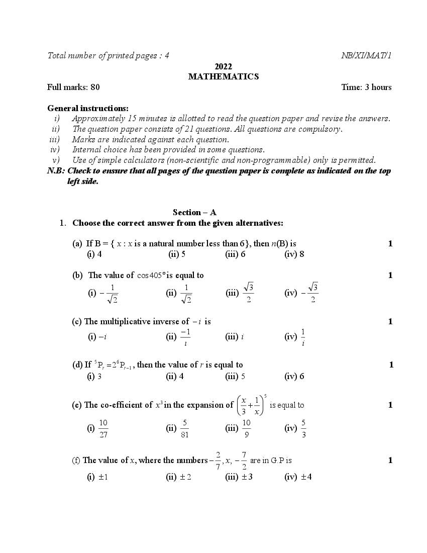 NBSE Class 11 Question Paper 2022 Maths - Page 1