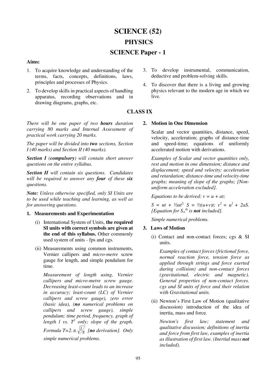 ICSE Class 10 Physics Syllabus 2021 - Page 1