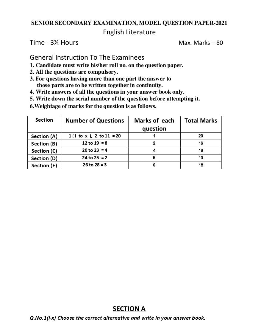 Rajasthan Board 12th English Literature Sample Paper 2021 - Page 1
