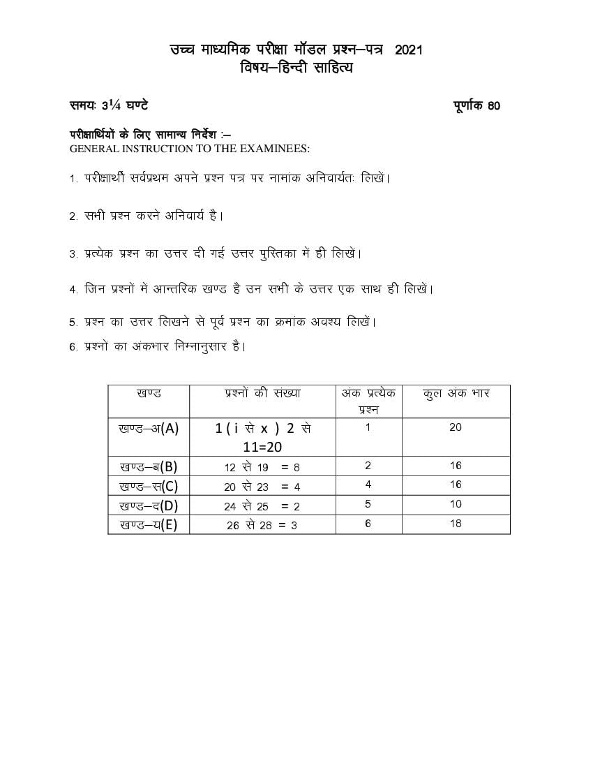 Rajasthan Board 12th Hindi Literature Sample Paper 2021 - Page 1