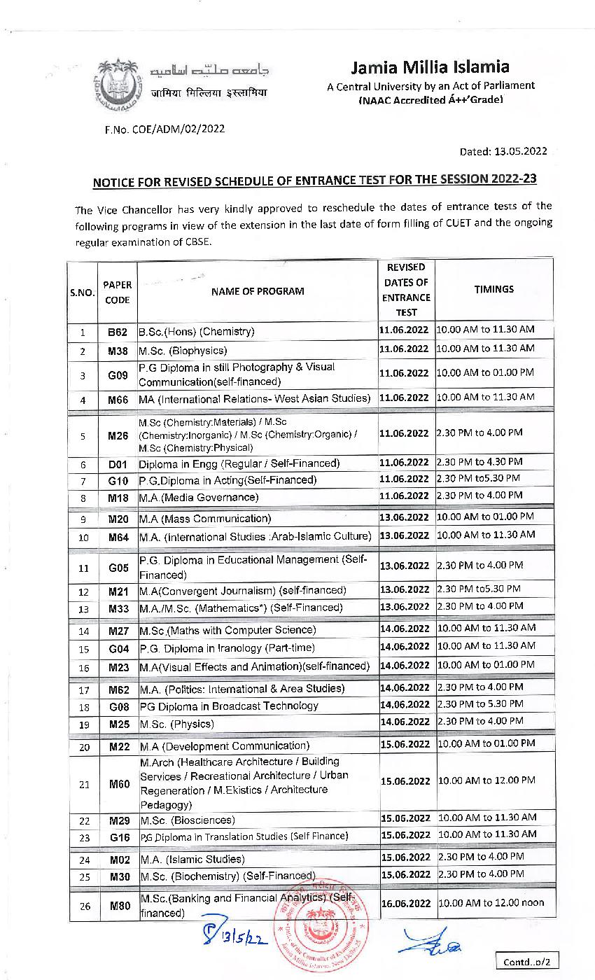 JMI Entrance Exam 2022 Schedule Revised JMI Entrance Exam 2022 Schedule Revised