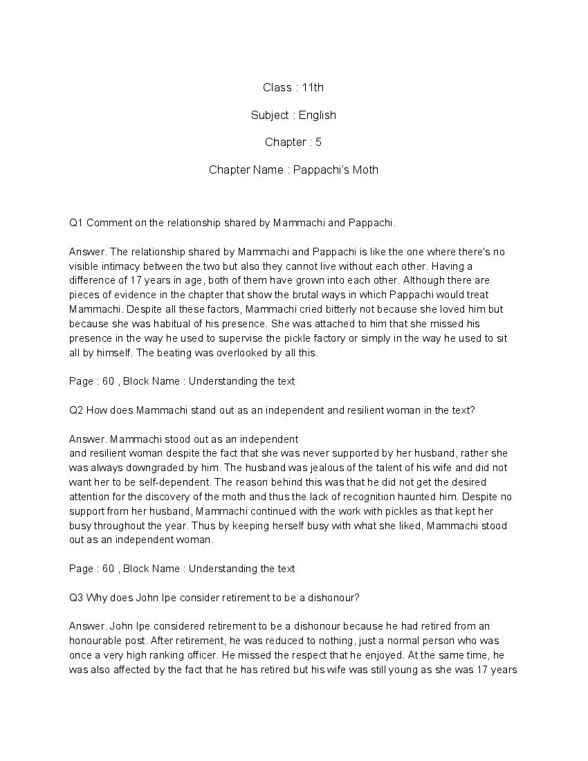 NCERT Solutions for Class 11 English (Woven words - Short Story) 5 Pappachi’s Moth - Page 1