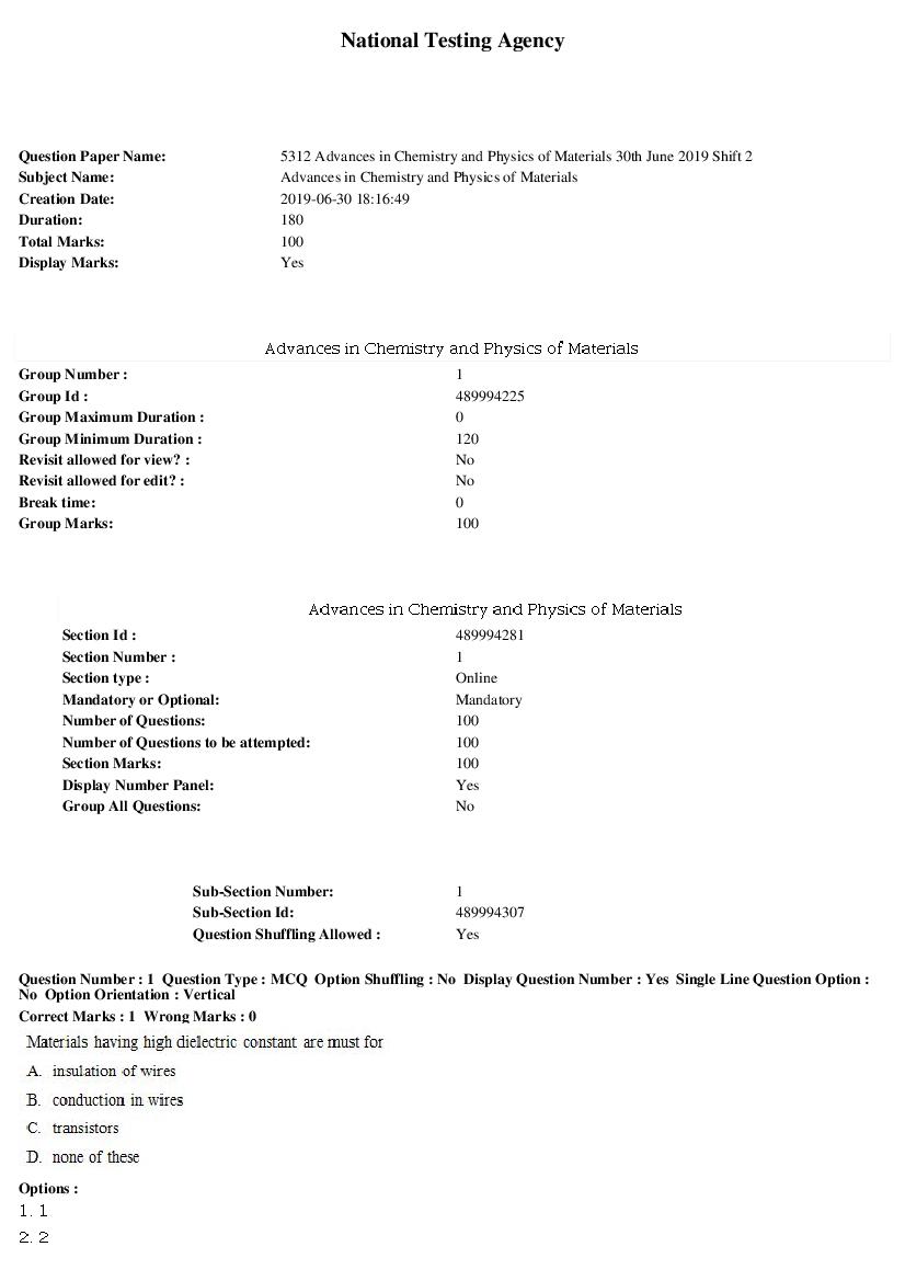 ARPIT 2019 Question Paper for Advances in Chemistry and Physics of Materials Shift 2 - Page 1 of 32