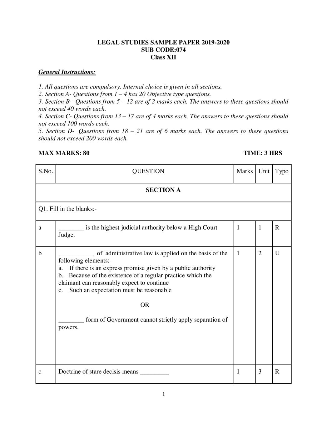 CBSE Class 12 Sample Paper 2020 for Legal Studies - Page 1