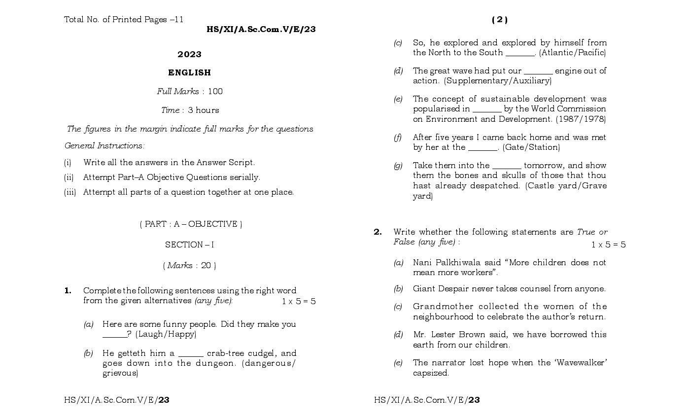 MBOSE Class 11 Question Paper 2023 for English - Page 1