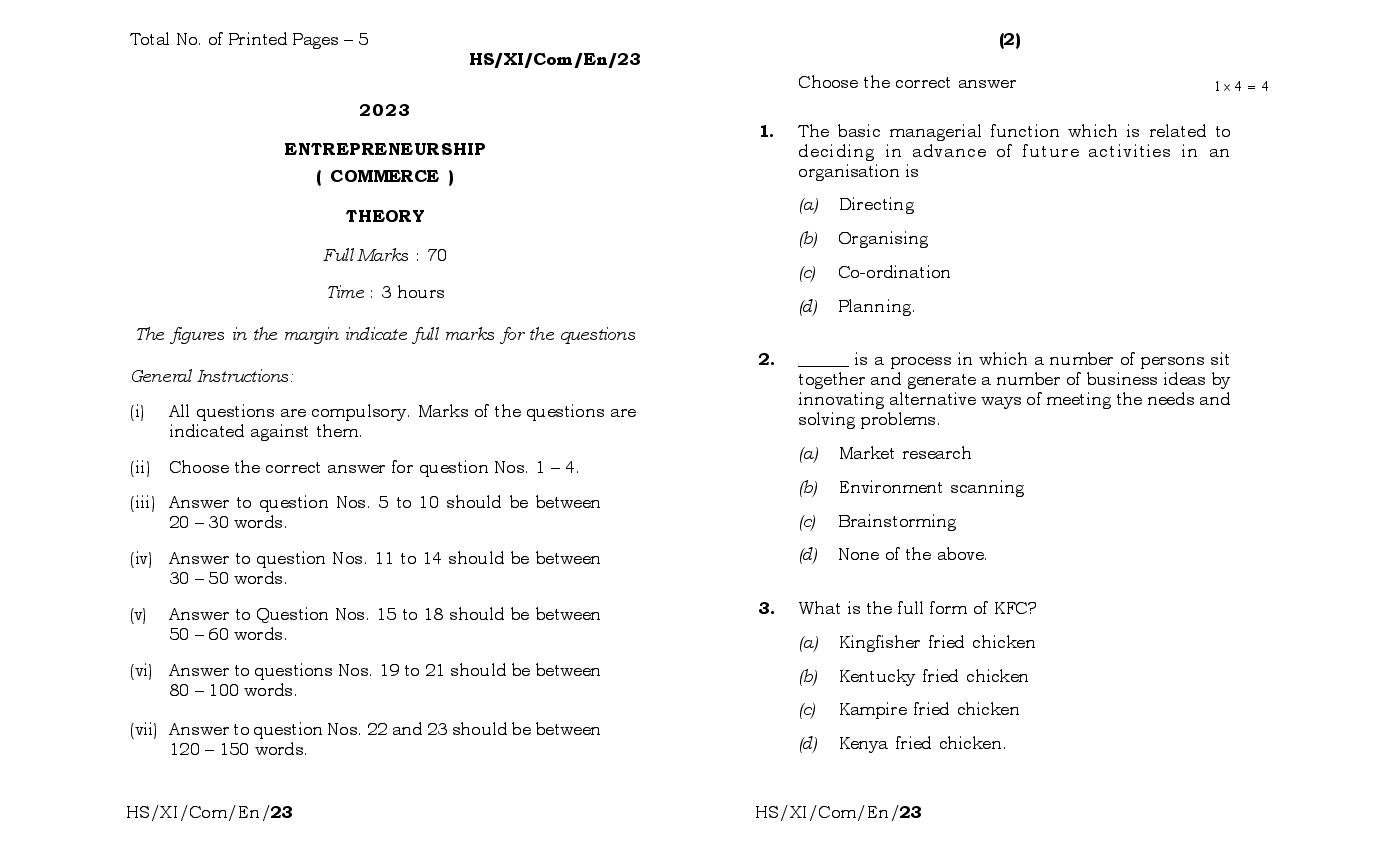 MBOSE Class 11 Question Paper 2023 for Entrepreneurship - Page 1