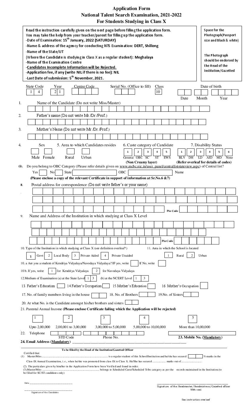 Meghalaya NTSE Stage - 1 2021 -2022 Notification - Page 1
