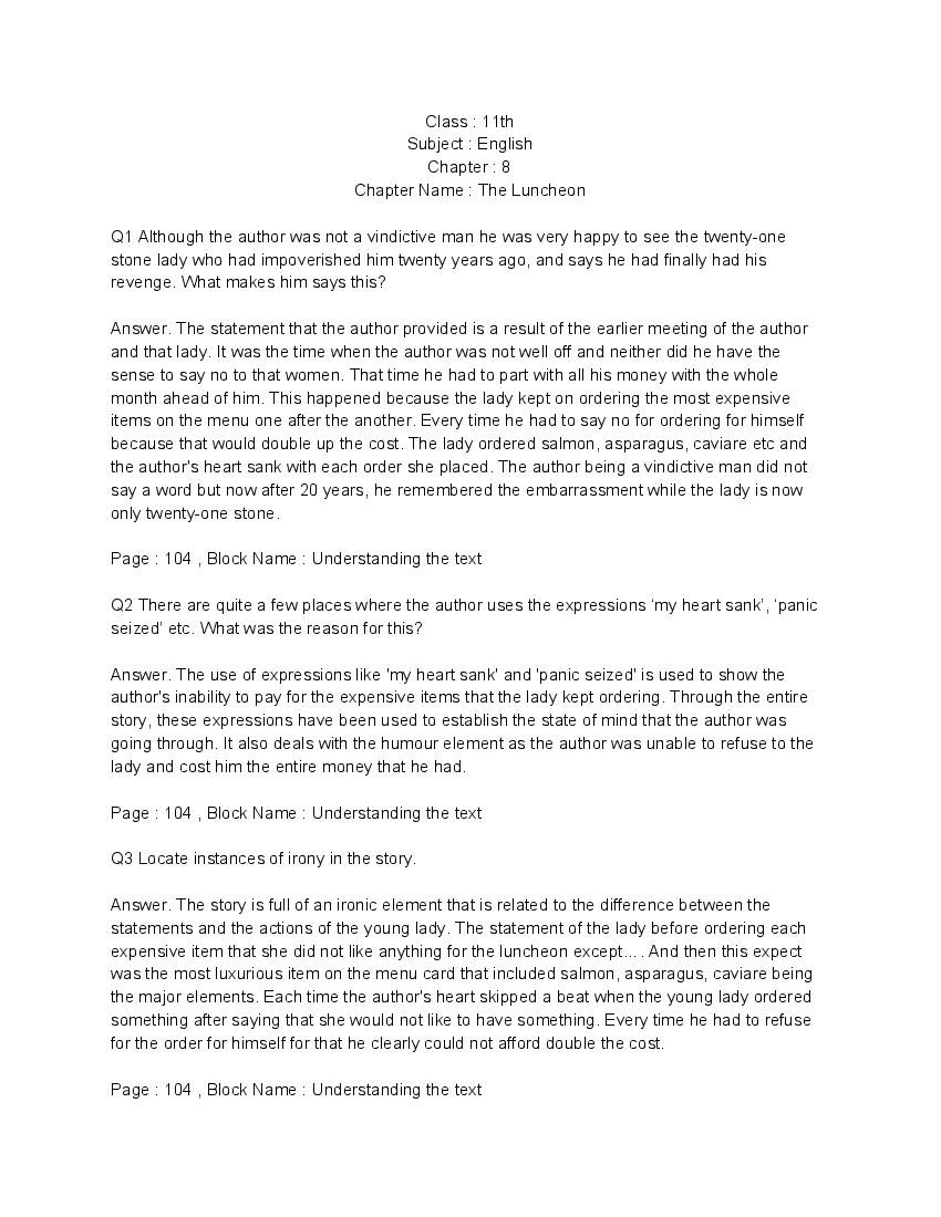 NCERT Solutions for Class 11 English (Woven Words) Short Stories 8 The Luncheon - Page 1