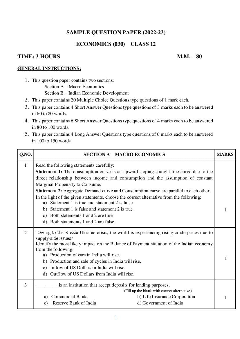 CBSE Class 12 Sample Paper 2023 Economics - Page 1