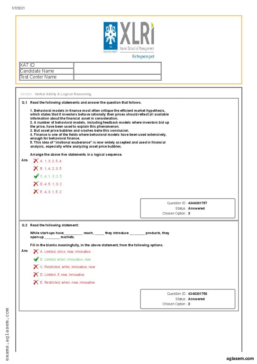 XAT 2021 Question Paper with Answers - Page 1