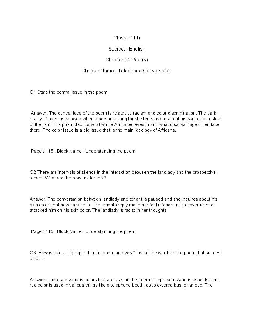 NCERT Solutions for Class 11 English (Woven words - Poetry) 4 Telephone Conversation - Page 1